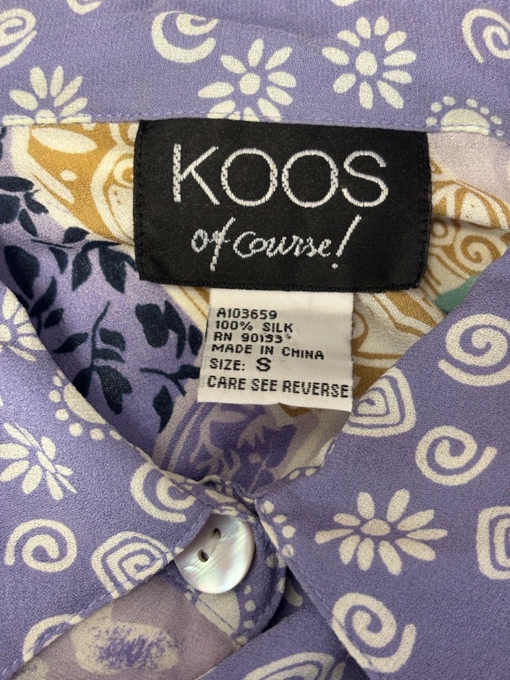 100% Silk Koos Lavender Patterned Button-Up Blouse - Picture 5 of 6